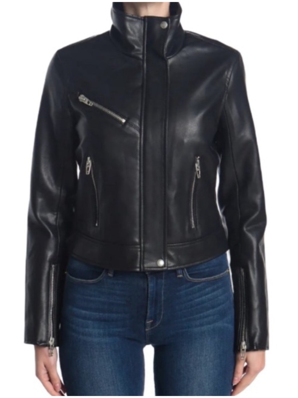 Blank NYC Black Moto-Style Leather Jacket with Silver Zippers